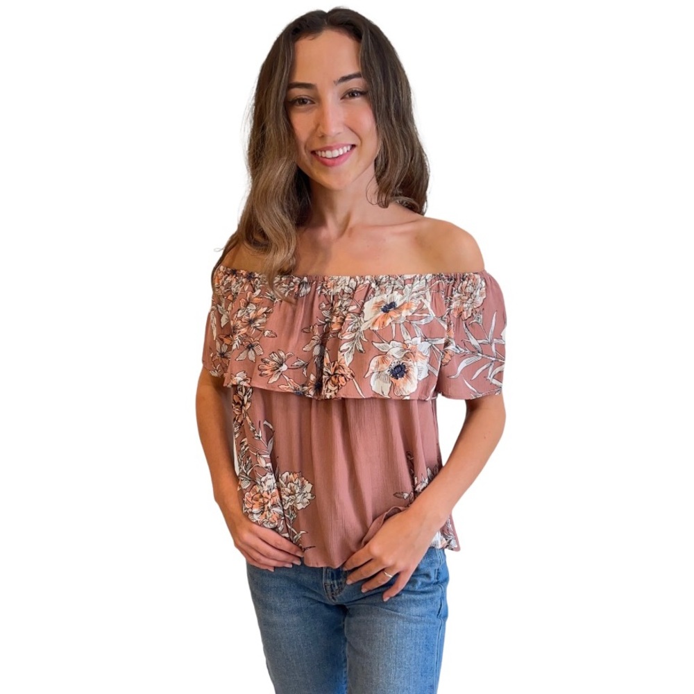 NWOT Mauve Floral Crepe Ruffle Off The Shoulder Top